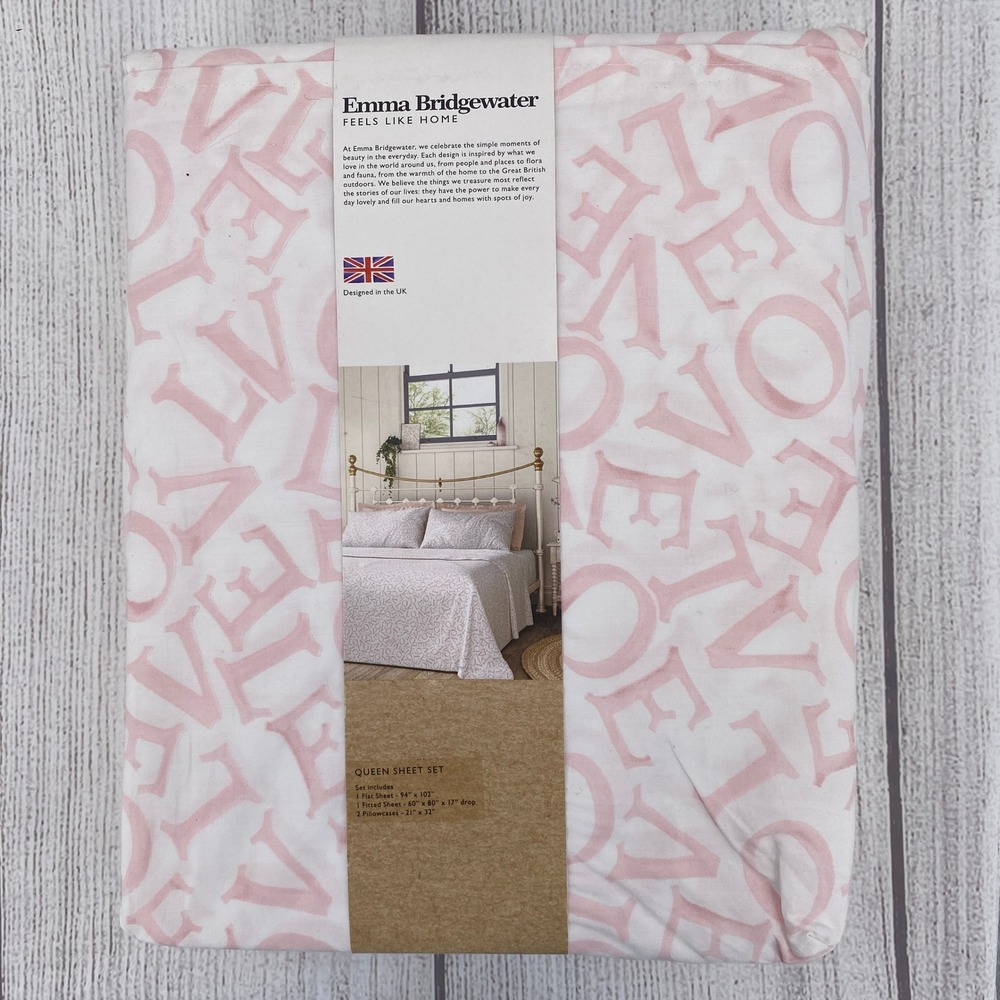 Emma Bridgewater Sheet Set QUEEN Love Pink 100% Cotton Percale Script Pastel